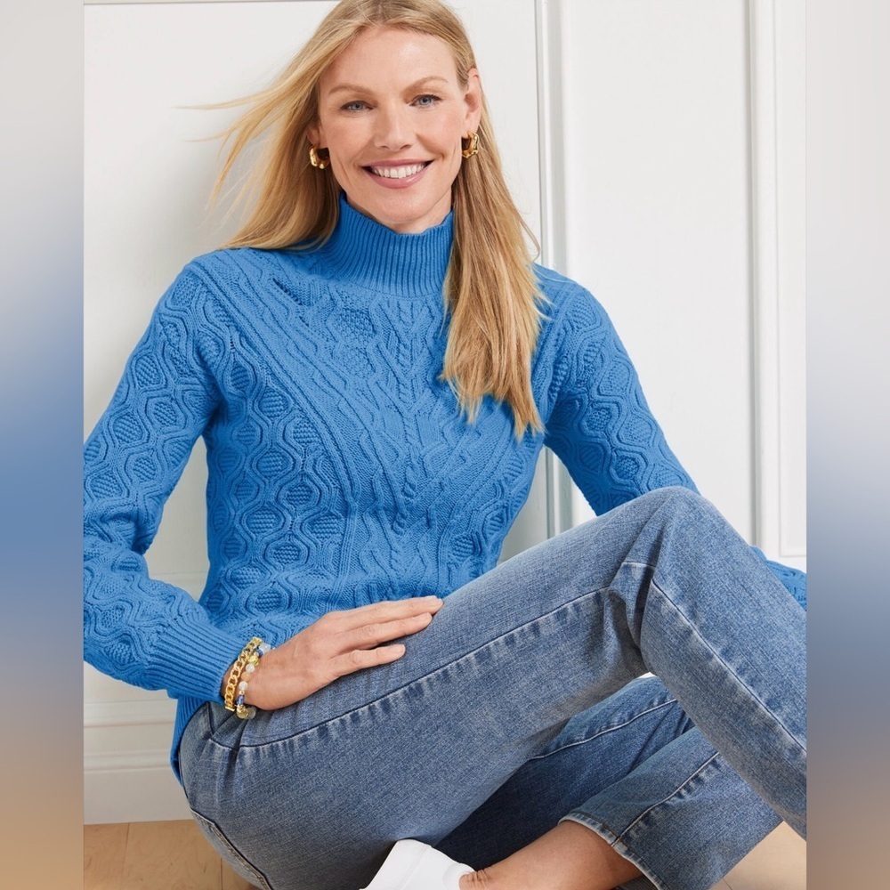 Talbots Cable knit Mockneck Blue Sweater Size Small
